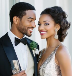 Couple dressed elegantly for a New Year’s wedding, showcasing stylish coordination with festive details that highlight the holiday spirit and a fresh start for the New Year.