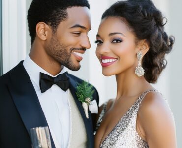 Couple dressed elegantly for a New Year’s wedding, showcasing stylish coordination with festive details that highlight the holiday spirit and a fresh start for the New Year.