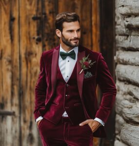 Stylish men’s wedding guest attire options for New Year’s celebrations, showcasing a blend of classic sophistication and festive touches with tuxedos, velvet suits, and unique outfit ideas suited for the winter season.