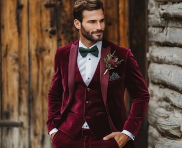 Stylish men’s wedding guest attire options for New Year’s celebrations, showcasing a blend of classic sophistication and festive touches with tuxedos, velvet suits, and unique outfit ideas suited for the winter season.