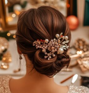 Bride preparing for her New Year’s wedding with an elegant hairstyle, embodying timeless beauty with a festive twist, surrounded by wedding accessories, capturing the celebratory spirit of the occasion.
