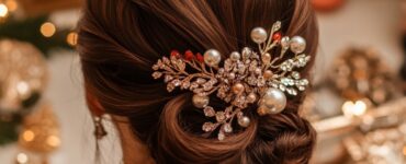 Bride preparing for her New Year’s wedding with an elegant hairstyle, embodying timeless beauty with a festive twist, surrounded by wedding accessories, capturing the celebratory spirit of the occasion.