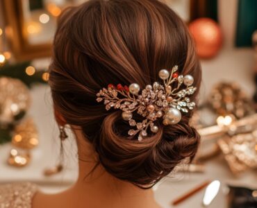 Bride preparing for her New Year’s wedding with an elegant hairstyle, embodying timeless beauty with a festive twist, surrounded by wedding accessories, capturing the celebratory spirit of the occasion.