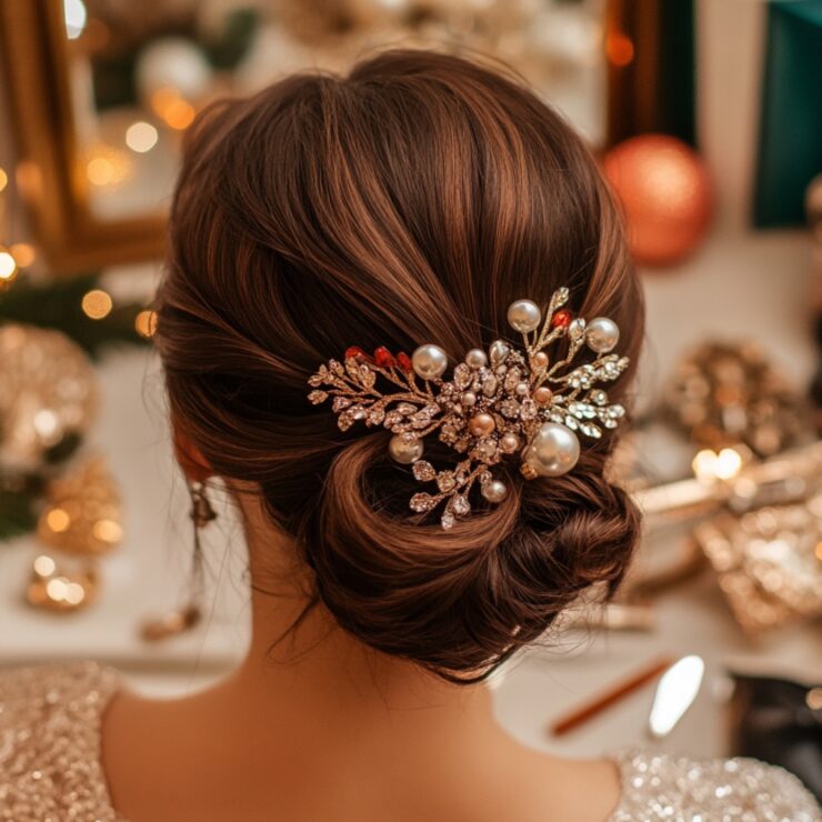Bride preparing for her New Year’s wedding with an elegant hairstyle, embodying timeless beauty with a festive twist, surrounded by wedding accessories, capturing the celebratory spirit of the occasion.