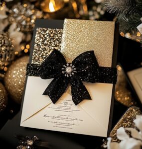 New Year's wedding invitation with festive designs featuring glittering gold accents and midnight countdown themes, setting a glamorous, joyful tone for a memorable celebration filled with love and seasonal magic.