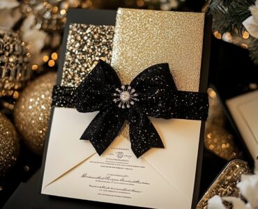 New Year's wedding invitation with festive designs featuring glittering gold accents and midnight countdown themes, setting a glamorous, joyful tone for a memorable celebration filled with love and seasonal magic.