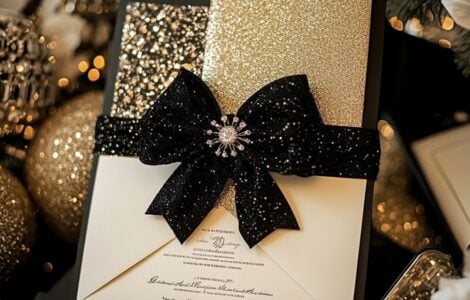New Year's wedding invitation with festive designs featuring glittering gold accents and midnight countdown themes, setting a glamorous, joyful tone for a memorable celebration filled with love and seasonal magic.