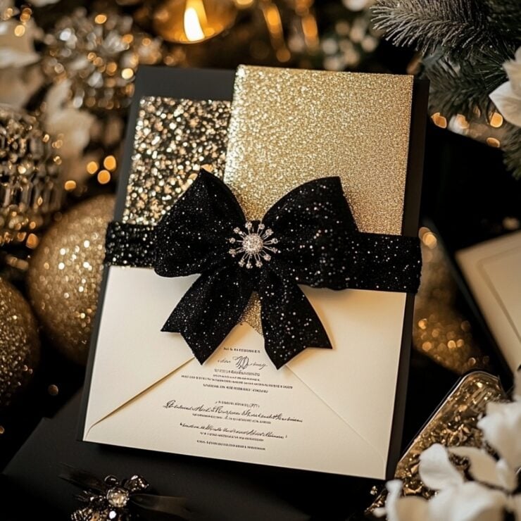 New Year's wedding invitation with festive designs featuring glittering gold accents and midnight countdown themes, setting a glamorous, joyful tone for a memorable celebration filled with love and seasonal magic.