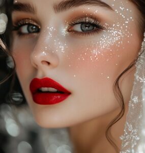 New Year's wedding makeup inspiration showcasing elegant, glamorous bridal looks with festive sparkle, including glittery eyes, radiant highlighter, and classic red lips.