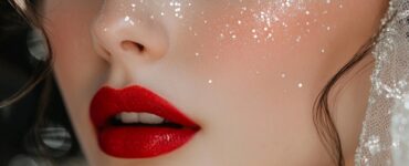 New Year's wedding makeup inspiration showcasing elegant, glamorous bridal looks with festive sparkle, including glittery eyes, radiant highlighter, and classic red lips.