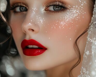 New Year's wedding makeup inspiration showcasing elegant, glamorous bridal looks with festive sparkle, including glittery eyes, radiant highlighter, and classic red lips.