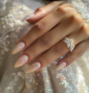Close-up of bridal hands with festive, glittering nails, ideal for a New Year’s wedding, showcasing elegance and celebration-ready style.