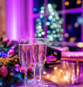 A festive New Year’s wedding reception setup with sparkling decorations, champagne, and vibrant lighting, blending romance and celebration to welcome the new year.