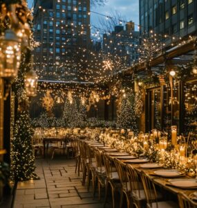 Overview of New Year's wedding venues with city rooftops, historic mansions, and cozy lodges offering a festive backdrop for winter celebrations.