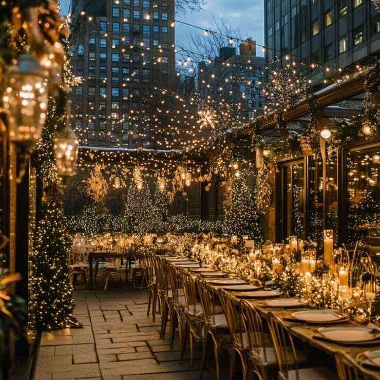 Overview of New Year's wedding venues with city rooftops, historic mansions, and cozy lodges offering a festive backdrop for winter celebrations.