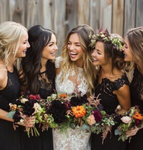 A beautiful display of diverse bridesmaid styles, showcasing options from classic black to bohemian florals, highlighting the charm and beauty of an October wedding.
