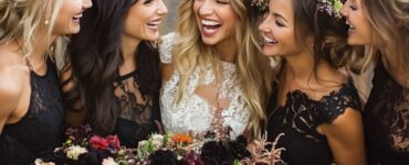 A beautiful display of diverse bridesmaid styles, showcasing options from classic black to bohemian florals, highlighting the charm and beauty of an October wedding.