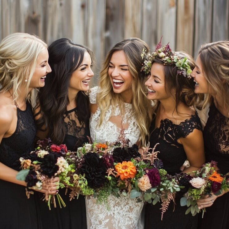 A beautiful display of diverse bridesmaid styles, showcasing options from classic black to bohemian florals, highlighting the charm and beauty of an October wedding.