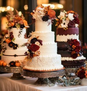 An assortment of beautiful wedding cakes, including spiced pumpkin, chocolate ganache, and red velvet, highlighting the warmth and elegance of October weddings.