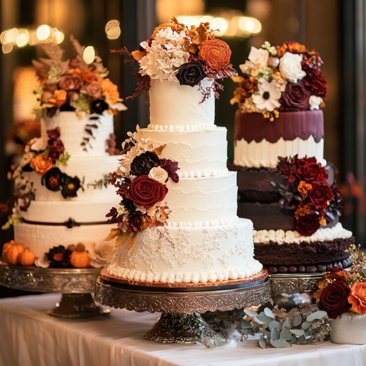 An assortment of beautiful wedding cakes, including spiced pumpkin, chocolate ganache, and red velvet, highlighting the warmth and elegance of October weddings.