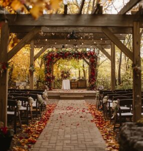 A cozy and romantic October wedding ceremony celebrating love amidst autumnal decor, personal touches, and the natural beauty of the season.