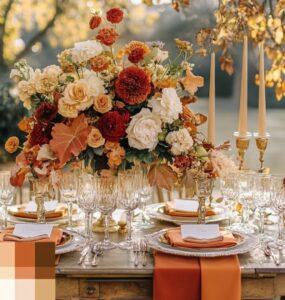 An overview image capturing the essence of various October wedding color schemes, illustrating the warmth and romance of fall with rich palettes that enhance decor and reflect seasonal beauty.