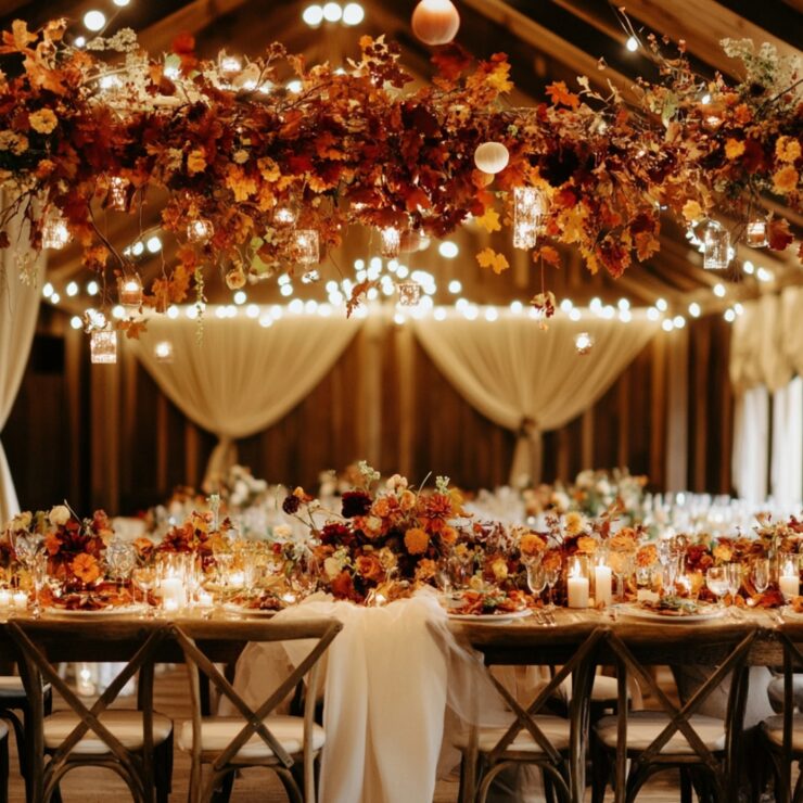 A beautifully decorated October wedding scene that combines rustic elements, warm colors, and seasonal florals, offering an inviting and memorable experience.