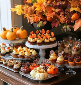 A beautifully arranged October wedding dessert table featuring an assortment of traditional and creative desserts that celebrate the fall season.