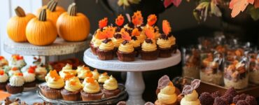 A beautifully arranged October wedding dessert table featuring an assortment of traditional and creative desserts that celebrate the fall season.