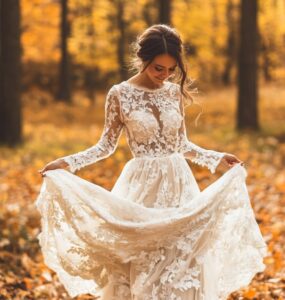 Diverse selection of October wedding dresses, from elegant lace to boho styles, allowing brides to express their unique styles in fall's beauty.