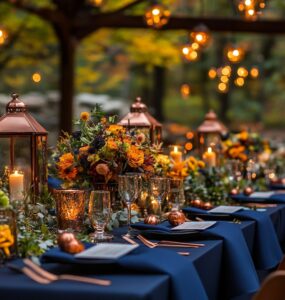 A beautifully arranged autumn wedding scene featuring vibrant dahlias, sunflowers, and coxcombs, showcasing the charm of October flowers that symbolize love and joy.