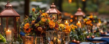 A beautifully arranged autumn wedding scene featuring vibrant dahlias, sunflowers, and coxcombs, showcasing the charm of October flowers that symbolize love and joy.