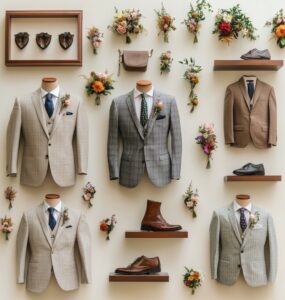 An overview image depicting a variety of outdoor wedding attire for grooms, showcasing different styles that balance comfort, elegance, and nature-inspired themes.