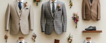 An overview image depicting a variety of outdoor wedding attire for grooms, showcasing different styles that balance comfort, elegance, and nature-inspired themes.