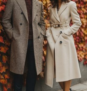 A stylish couple preparing to attend an October wedding, showcasing coordinated outfits that reflect seasonal charm, with layers and playful accessories to enhance their look.