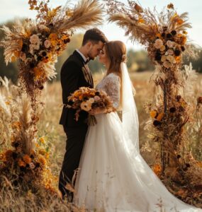 A picturesque autumn landscape featuring a beautiful couple celebrating their love at an October wedding, surrounded by seasonal decor and vibrant fall colors.
