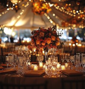 An inviting October wedding reception scene, emphasizing seasonal decor and joyful celebrations, creating a warm atmosphere filled with love and cherished memories.