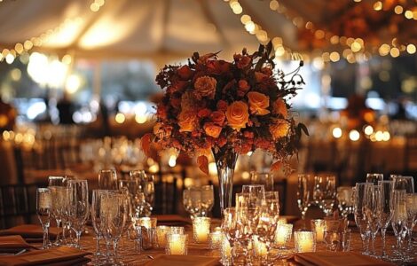 An inviting October wedding reception scene, emphasizing seasonal decor and joyful celebrations, creating a warm atmosphere filled with love and cherished memories.