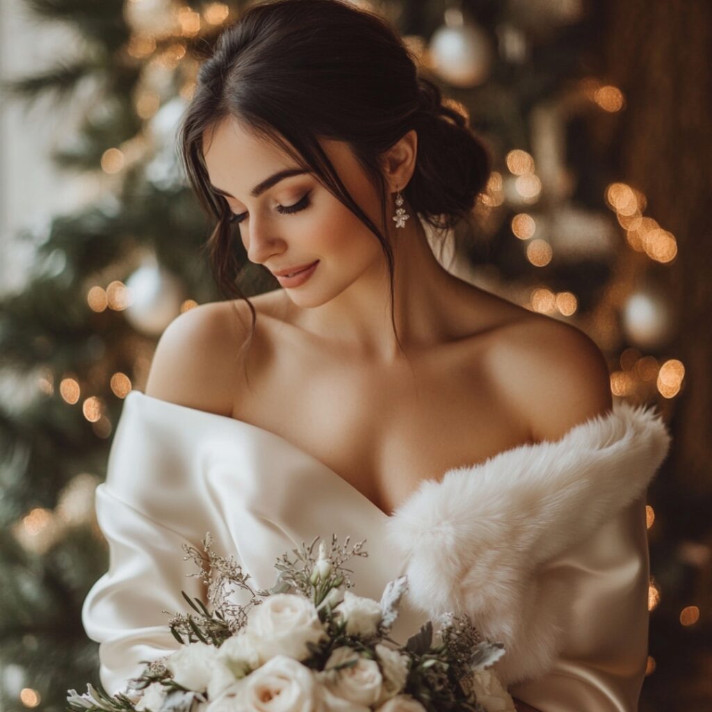 A chic off-the-shoulder satin wedding dress in ivory, featuring a sleek, reflective glow and paired with a faux fur stole for a romantic Christmas wedding look.