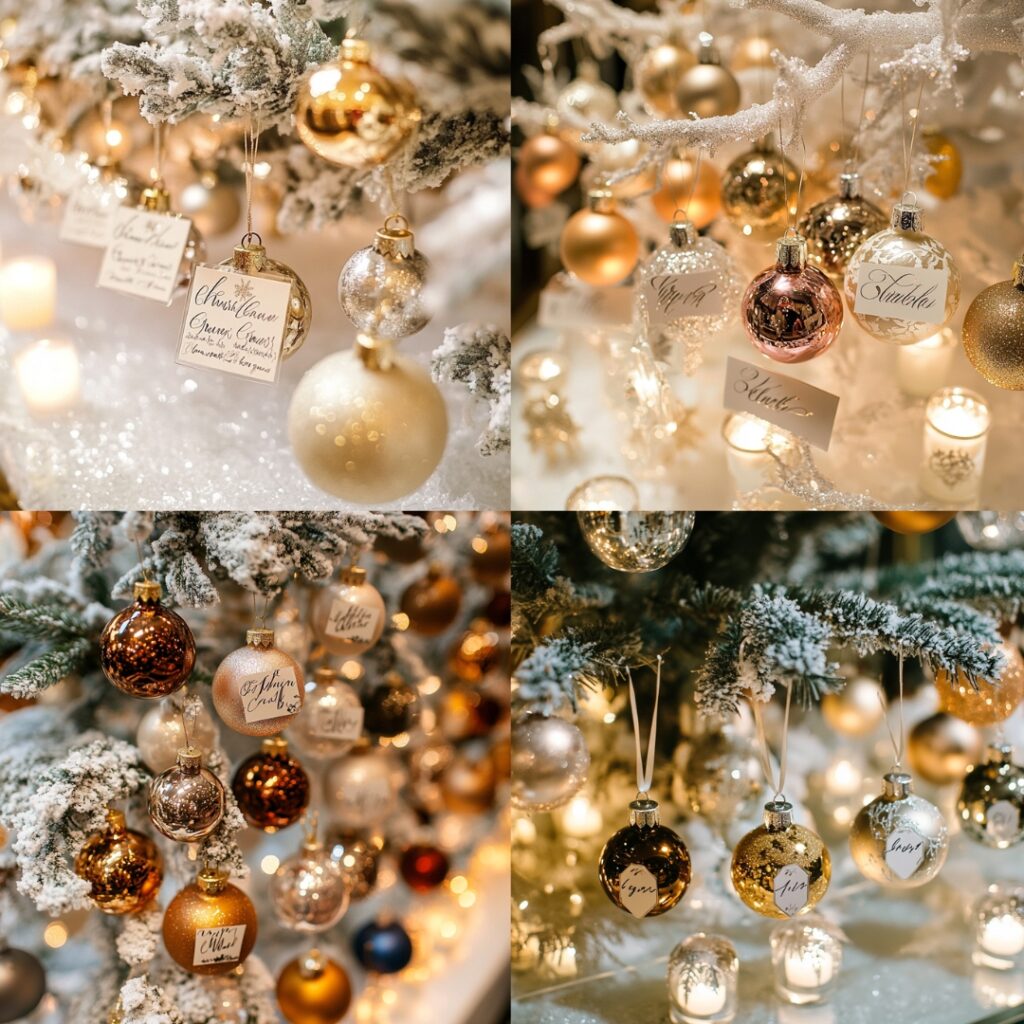 Metallic and glass Christmas ornament escort cards with guests' names, displayed on a frosted tree, serving as both a festive décor element and unique wedding favor.