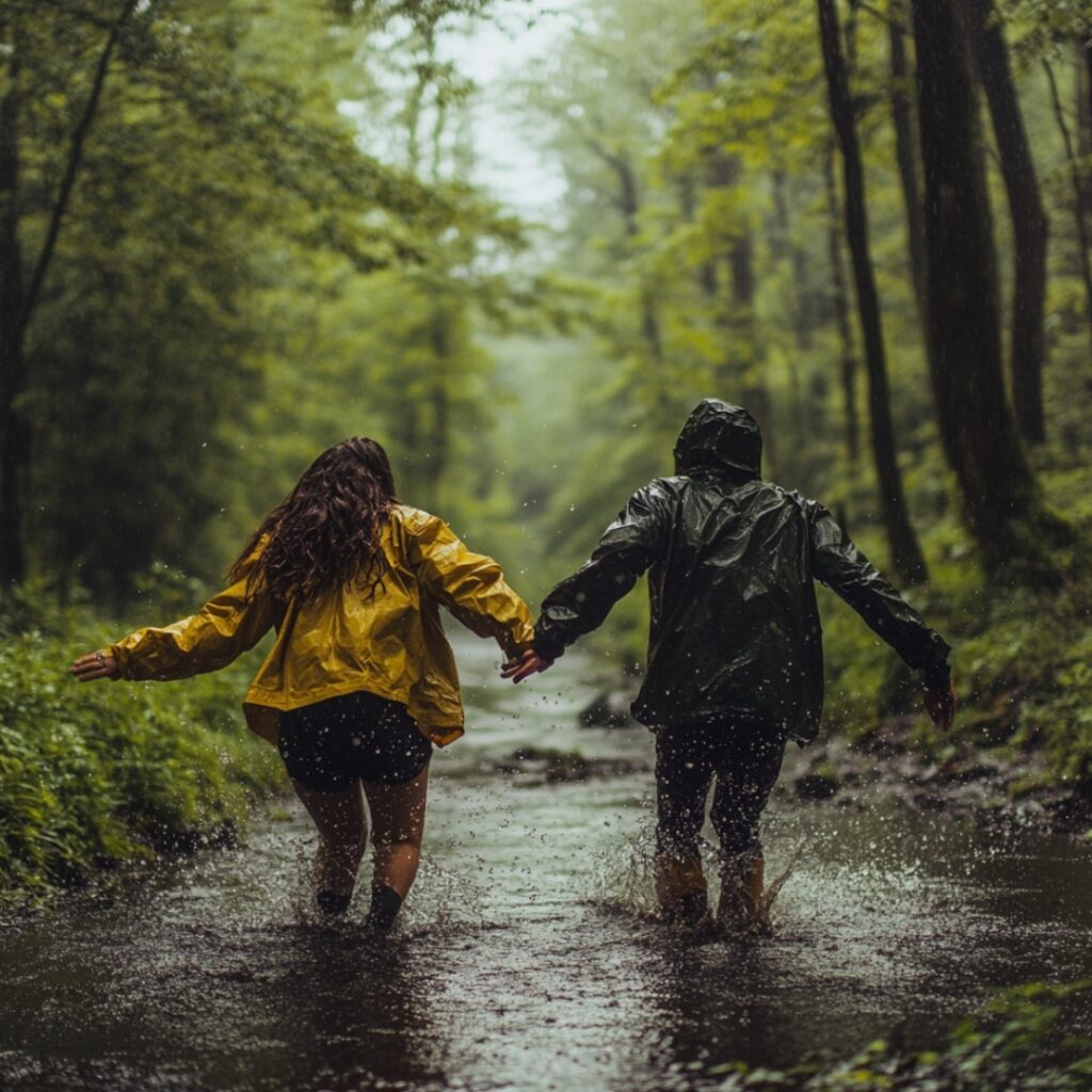 Adventurous couple joyfully dancing in the rain at a scenic park, wearing waterproof gear and splashing through puddles surrounded by lush greenery.