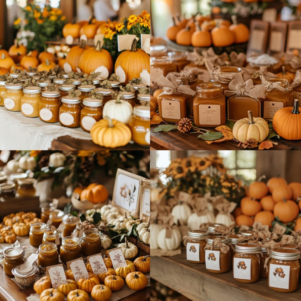 Thoughtful personalized Thanksgiving-themed guest favors displayed on a table, including mini pumpkins, jars of apple butter, and custom seed packets.