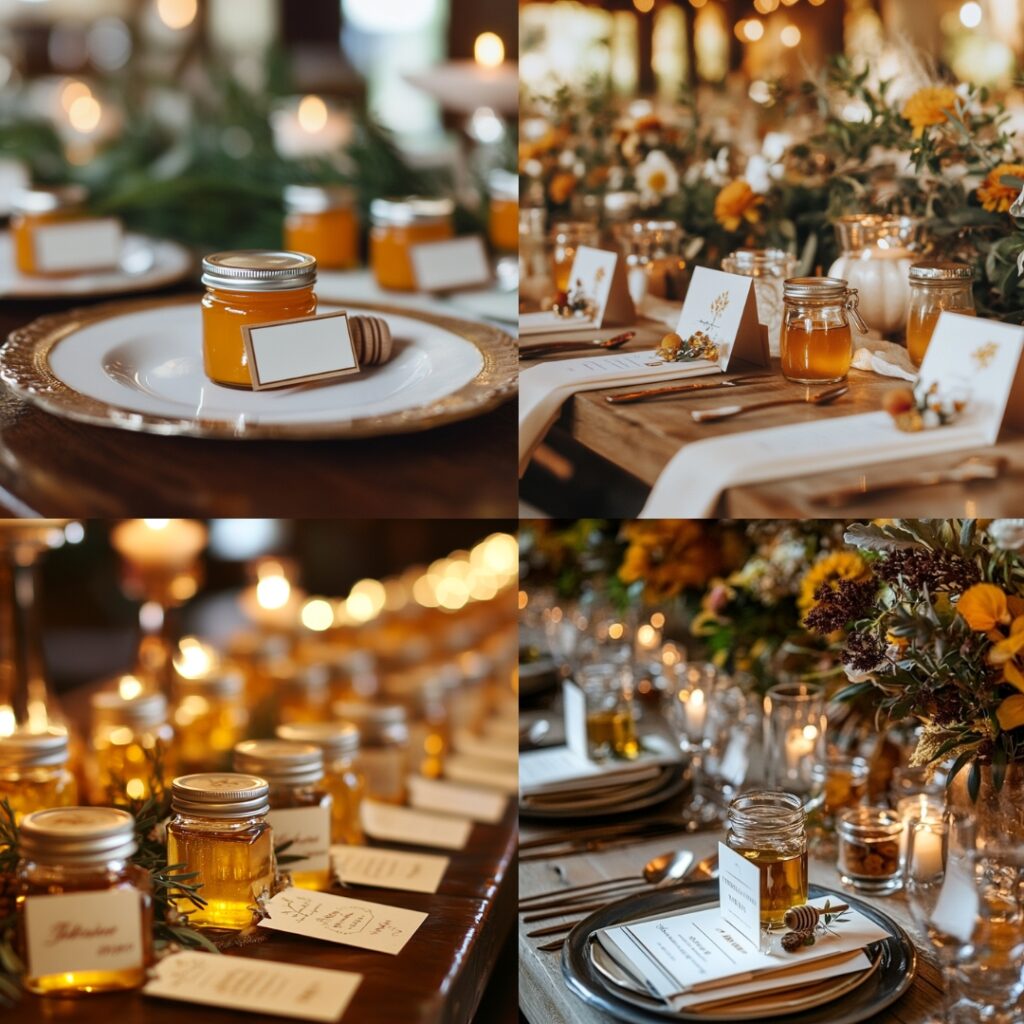 Thoughtfully designed personalized place settings for a Thanksgiving wedding, featuring elegant place cards and small tokens like mini jars of honey, enhancing the guest experience.