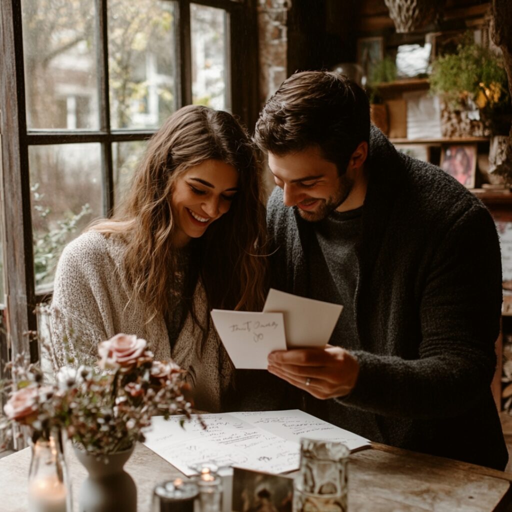Couple exchanging heartfelt letters during a rainy day proposal, surrounded by personal mementos and intimate elements reflecting their unique relationship.