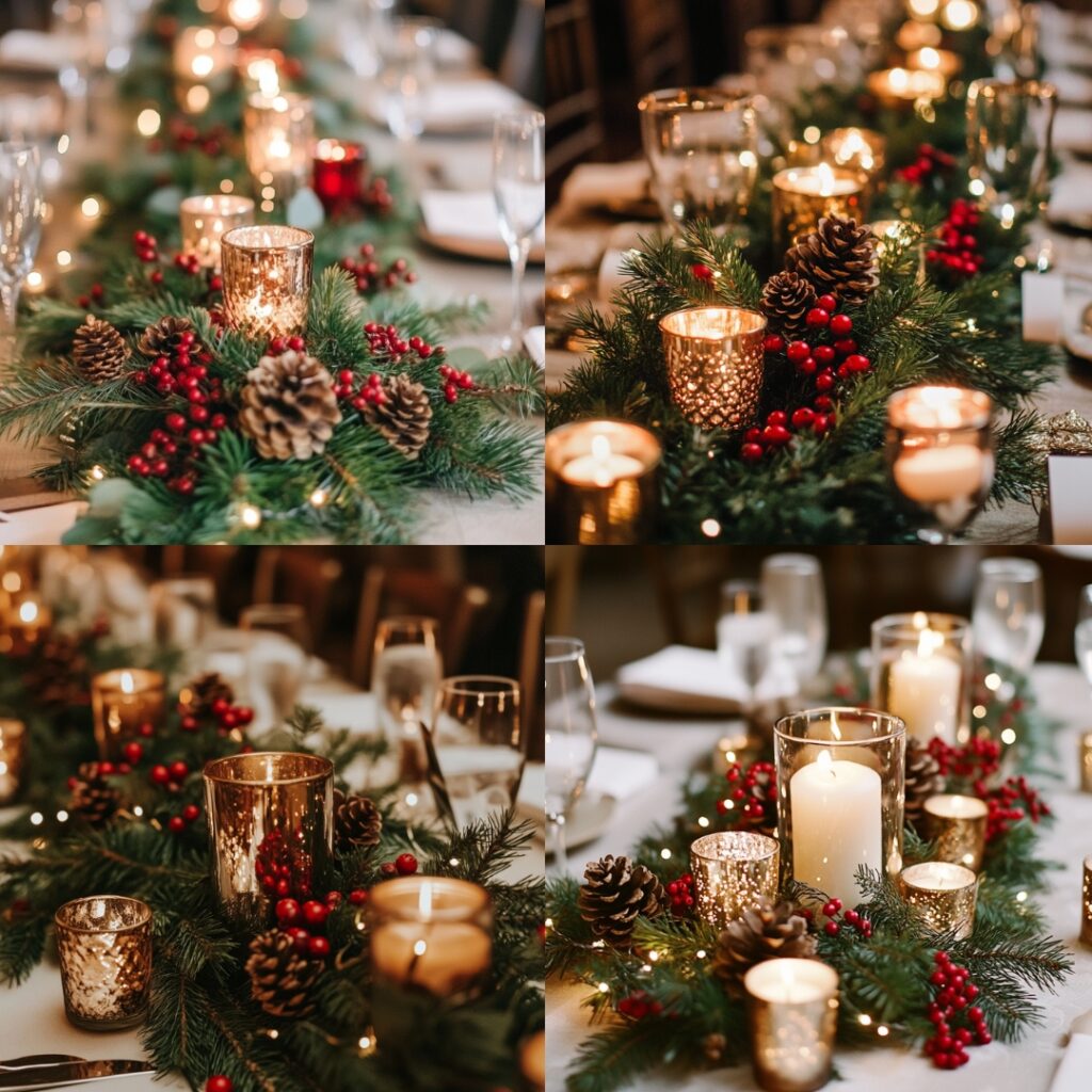 December wedding centerpiece featuring pine garland wrapped in fairy lights, adorned with red berries, mini pinecones, and metallic candleholders for a cozy vibe.
