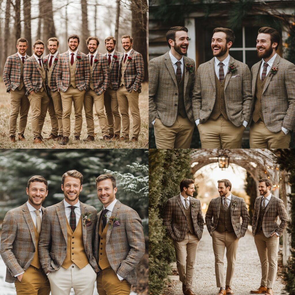 Groomsman wearing a luxurious velvet suit paired with red accents, like a silk tie and pocket square, perfect for a festive Christmas wedding look.
