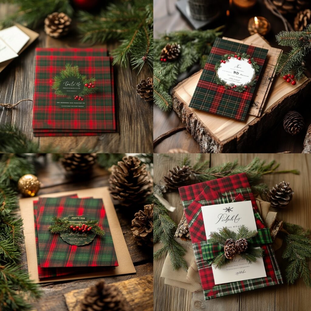 A plaid-inspired wedding invitation featuring red and green tartan patterns, paired with pine branches and wood textures, for a warm and cozy December wedding.