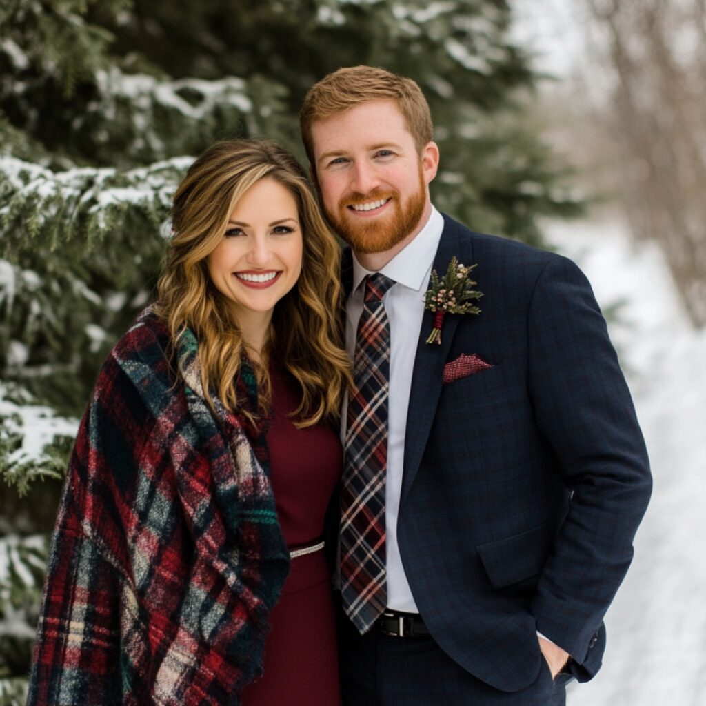 Couple dressed in festive Christmas wedding guest outfits, with the woman in a burgundy dress and plaid shawl, and the man in a navy suit with a plaid tie.