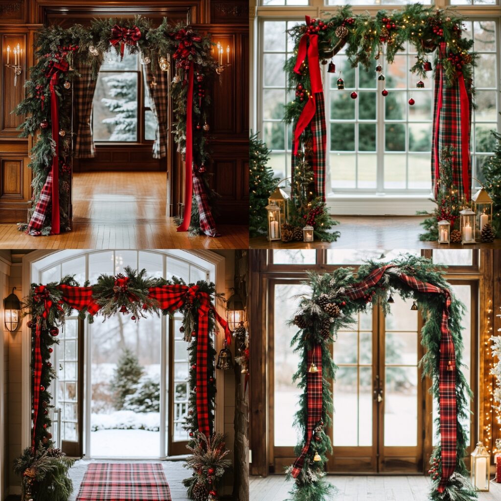December wedding arch decorated with tartan fabric, red ribbons, green garlands, pinecones, and bells, creating a cozy holiday vibe perfect for indoor ceremonies.