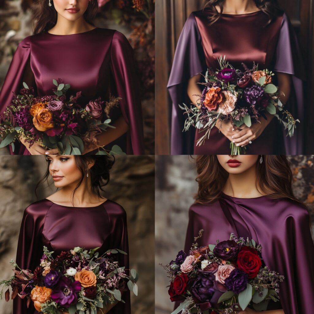 Plum-colored satin bridesmaid dress with dramatic cape sleeves, perfect for a formal December wedding, paired with winter florals for a regal look.